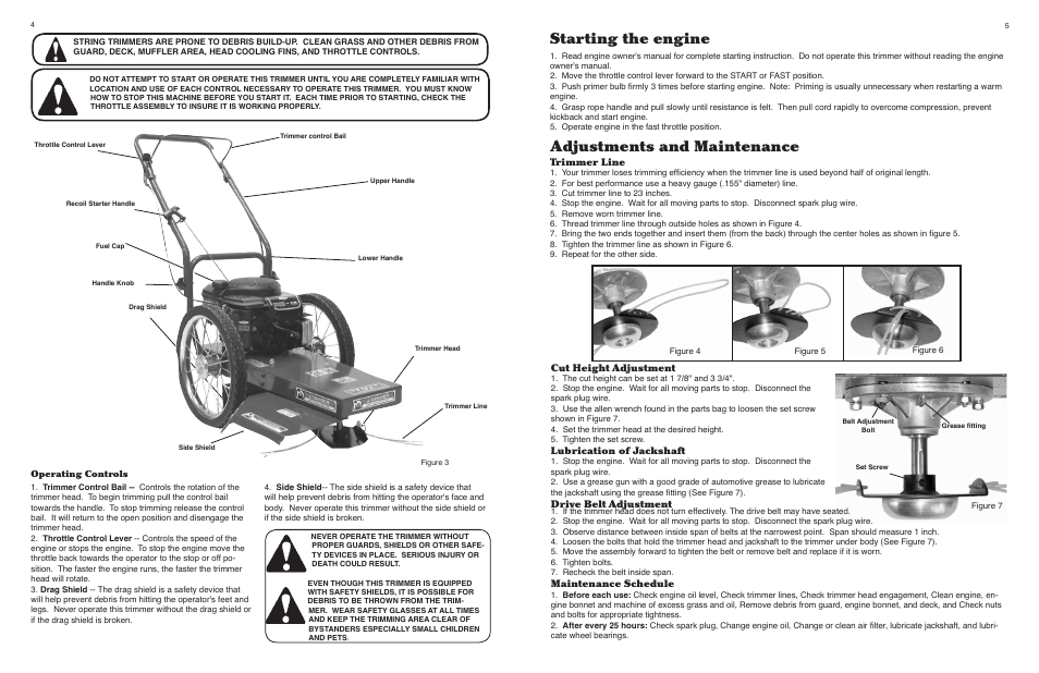 Adjustments and maintenance starting the engine, Trimmer line, Cut height adjustment | Lubrication of jackshaft, Drive belt adjustment, Maintenance schedule | Maxim Manufacturing MBWT5BN User Manual | Page 4 / 4