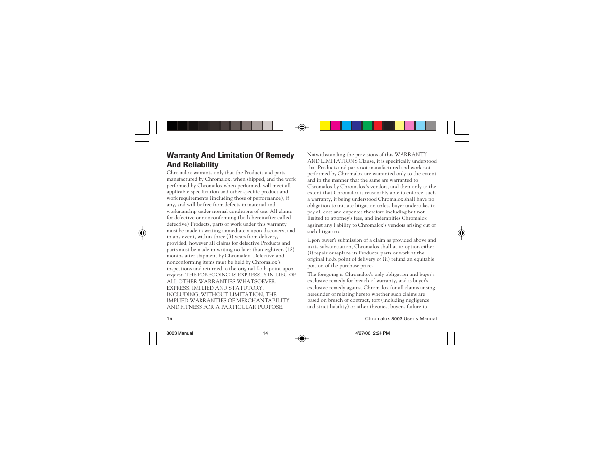 Warranty and limitation of remedy and reliability | Chromalox 8003 User Manual | Page 17 / 19