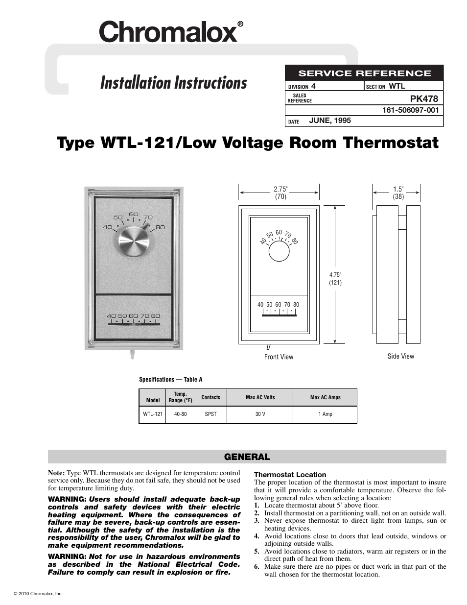 Chromalox WTL-121 User Manual | 2 pages