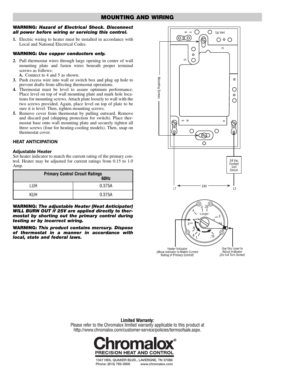 Mounting and wiring | Chromalox WTL-121 User Manual | Page 2 / 2