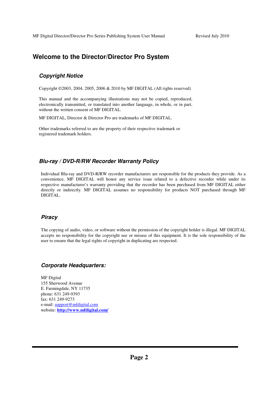 Page 2, Welcome to the director/director pro system | MF Digital DIRECTOR PRO Series User Manual | Page 2 / 69