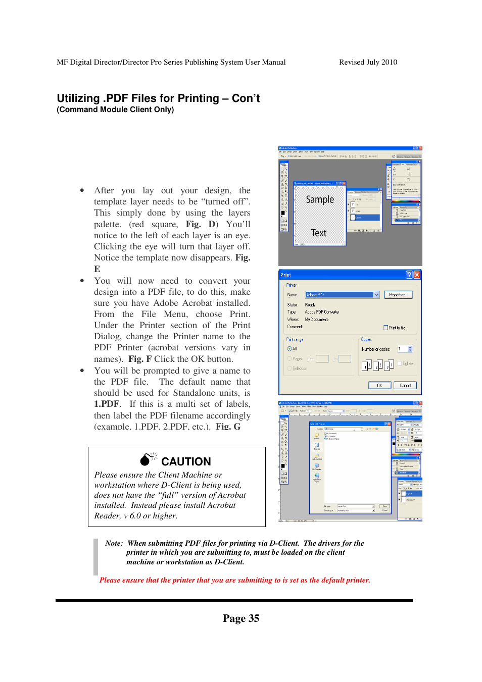 Page 35, Utilizing .pdf files for printing – con’t, Caution | MF Digital DIRECTOR PRO Series User Manual | Page 35 / 69