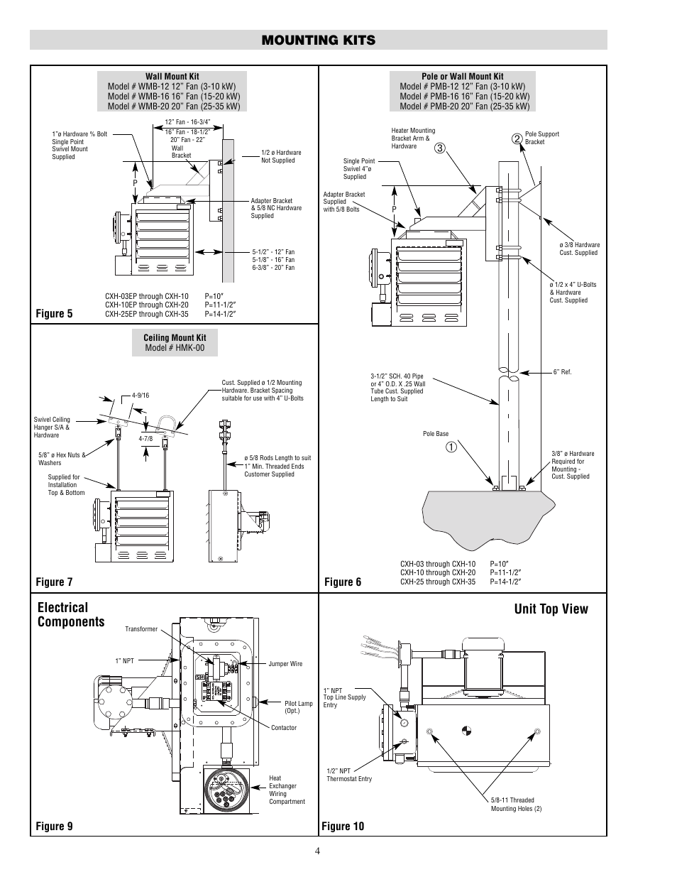 Mounting kits, Unit top view electrical components | Chromalox PF490-5 User Manual | Page 4 / 12