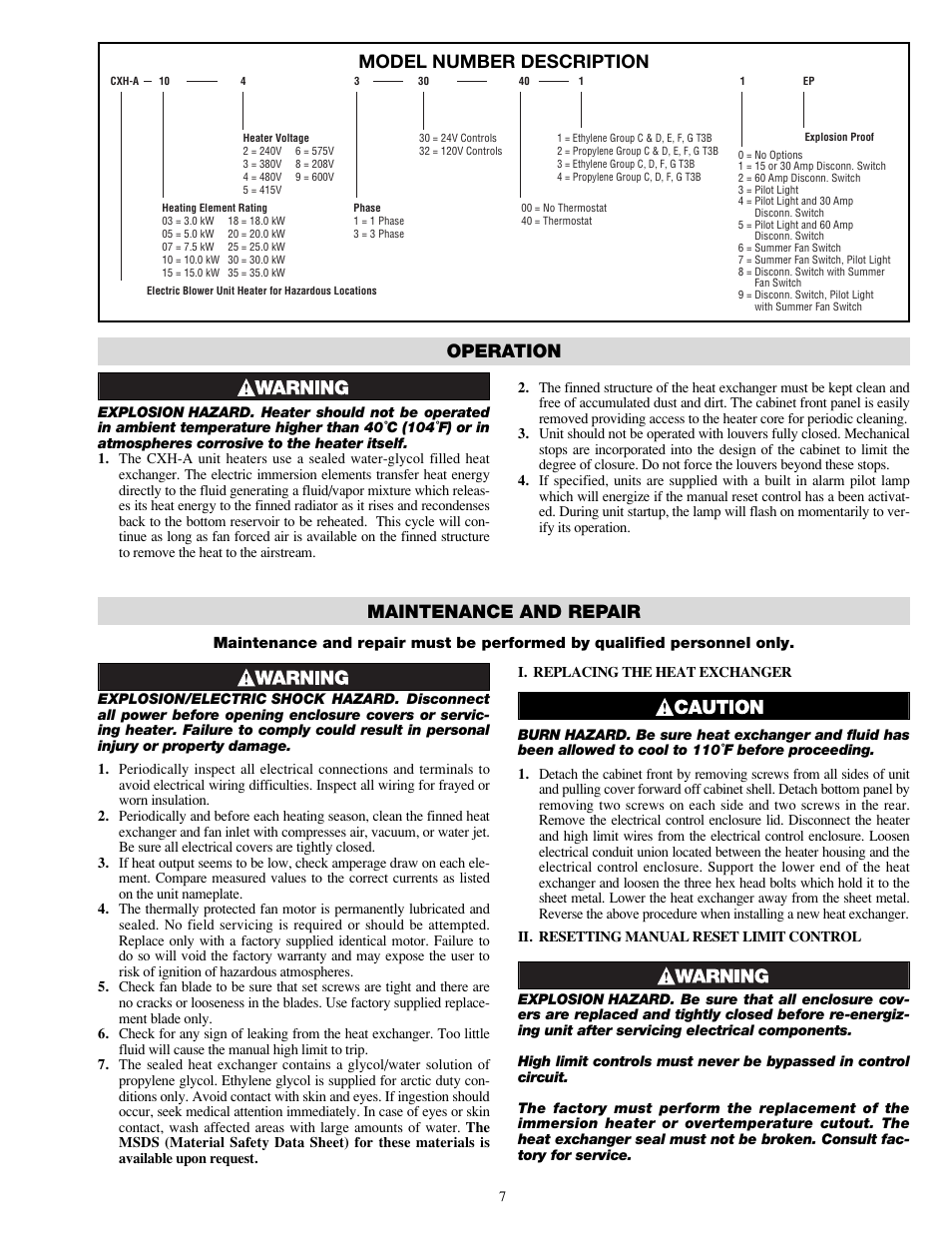 Operation, Maintenance and repair, Model number description | Chromalox PF490-5 User Manual | Page 7 / 12