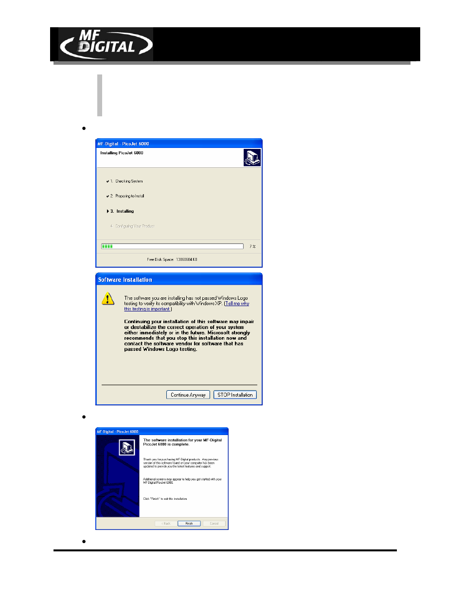 Page 14, Click next to begin installation, Click “continue anyway | Click “finish” to complete installation, Cd-3706/p, Operator’s guide, Picojet, Pj-6000 operator’s guide | MF Digital PicoJet 6000 CD/DVD User Manual | Page 15 / 36