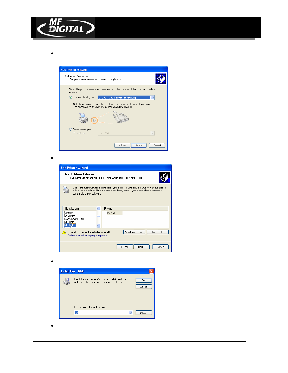 Page 20, Select ltp1. click “next, Click the “have disk” button | MF Digital PicoJet 6000 CD/DVD User Manual | Page 21 / 36