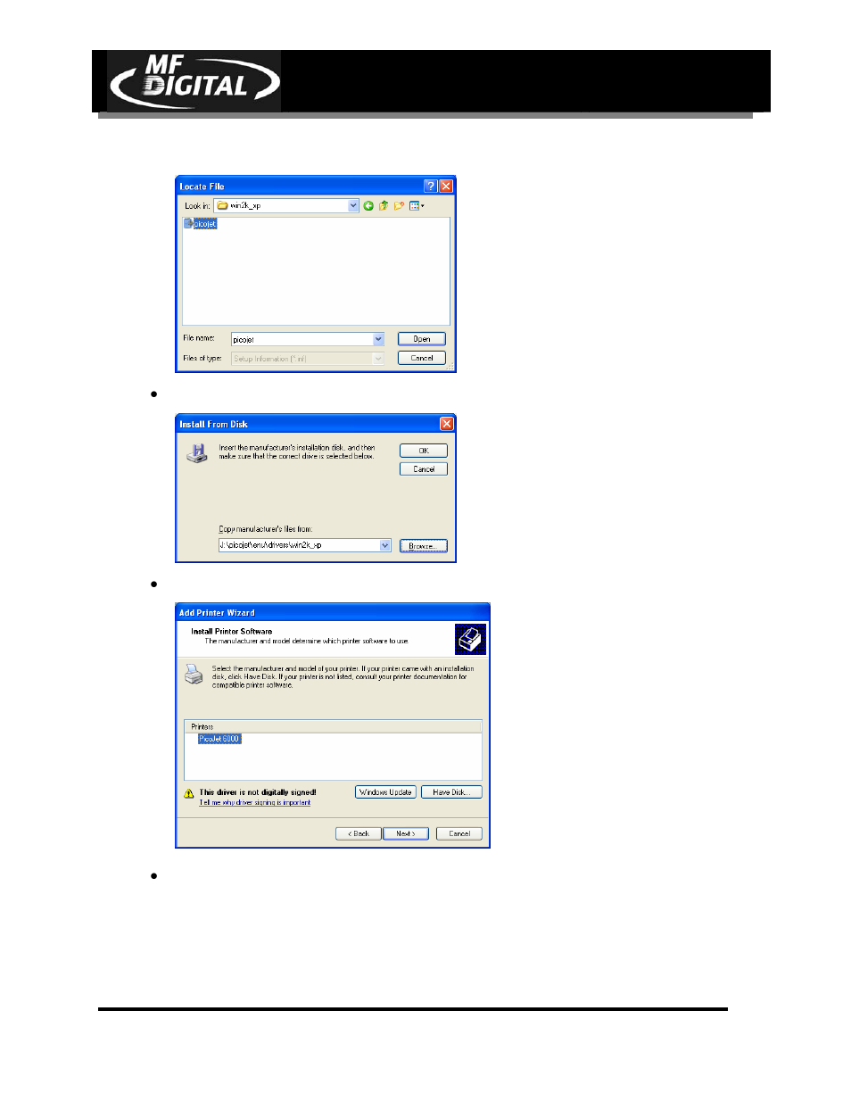 Page 21, Choose this file and click on the “open” button, Click the “ok” button | Cd-3706/p, Operator’s guide, Picojet, Pj-6000 operator’s guide | MF Digital PicoJet 6000 CD/DVD User Manual | Page 22 / 36