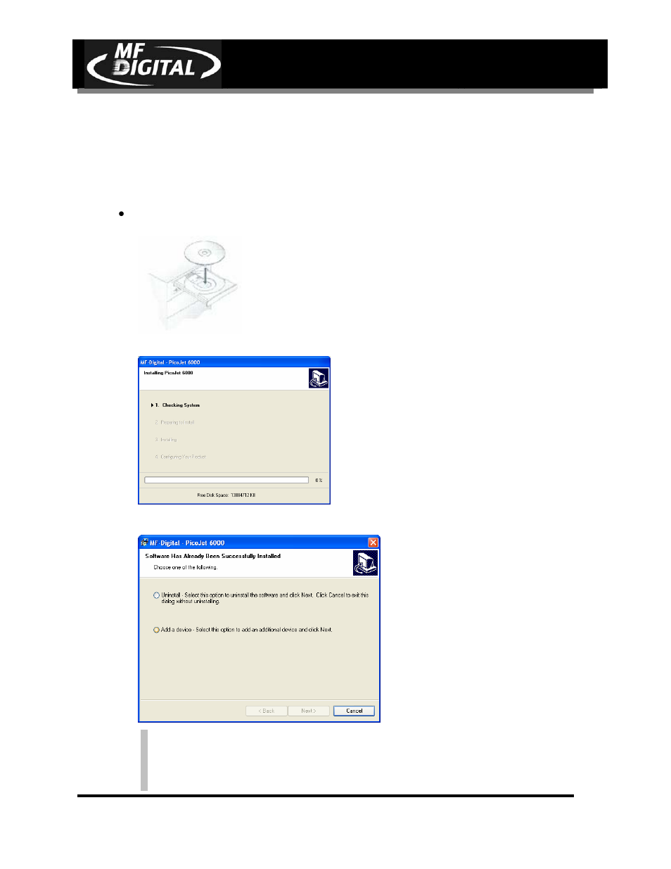Page 25, Ing / upgrading driver, Reinstall | MF Digital PicoJet 6000 CD/DVD User Manual | Page 26 / 36