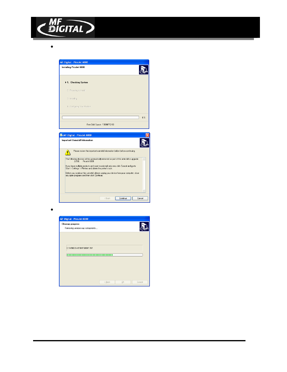 Page 26, Click “continue, Cd-3706/p | Operator’s guide, Picojet, Pj-6000 operator’s guide | MF Digital PicoJet 6000 CD/DVD User Manual | Page 27 / 36