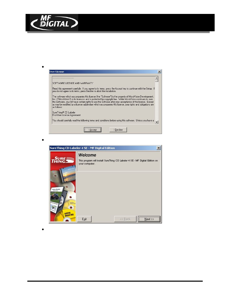 Page 28, Installing surething cd / dvd layout software, Click “next” to begin software installation | Cd-3706/p, Operator’s guide, Picojet, Pj-6000 operator’s guide | MF Digital PicoJet 6000 CD/DVD User Manual | Page 29 / 36