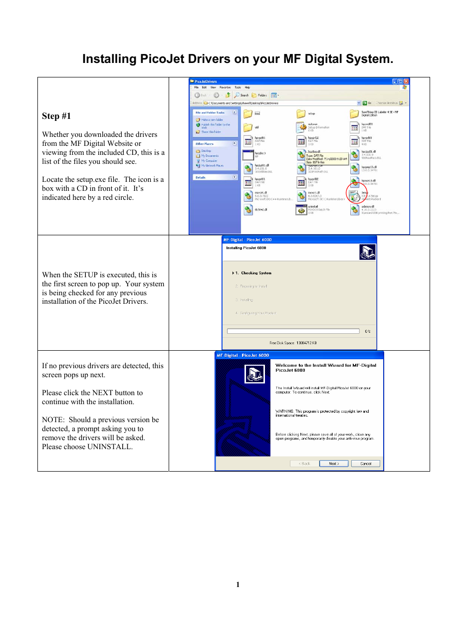 MF Digital PicoJet Driver Installation Guide User Manual | 5 pages