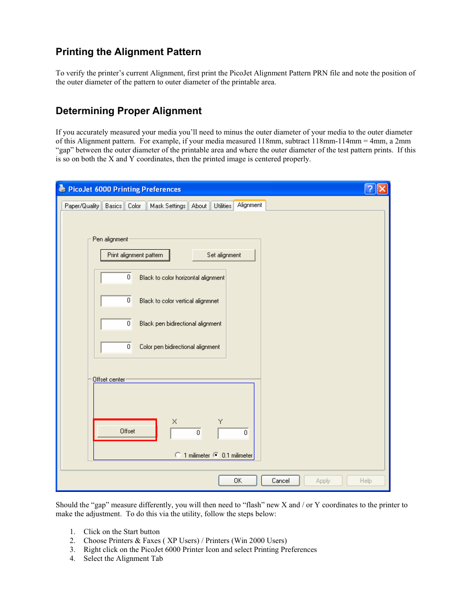 Printing the alignment pattern, Determining proper alignment | MF Digital PicoJet Offset Guide User Manual | Page 2 / 3