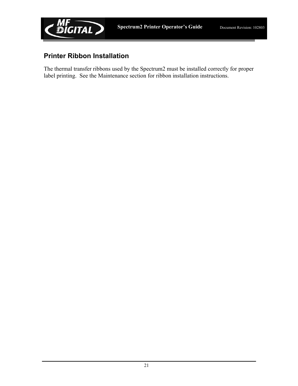 Printer ribbon installation | MF Digital Spectrum 2 Thermal User Manual | Page 22 / 77