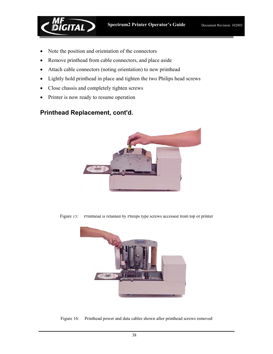 Printhead replacement, cont'd | MF Digital Spectrum 2 Thermal User Manual | Page 39 / 77