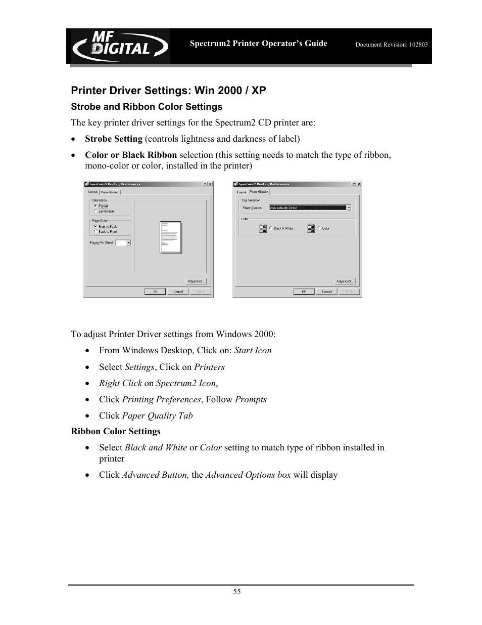 Printer driver settings: win 2000 / xp | MF Digital Spectrum 2 Thermal User Manual | Page 56 / 77