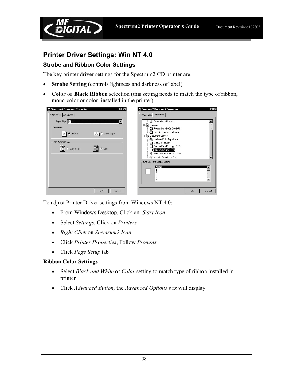 Printer driver settings: win nt 4.0 | MF Digital Spectrum 2 Thermal User Manual | Page 59 / 77