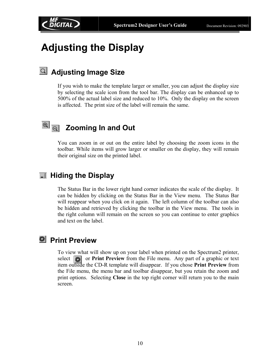 Adjusting the display, Adjusting image size, Hiding the display | Zooming in and out print preview | MF Digital Spectrum 2 Designer User Manual | Page 11 / 37