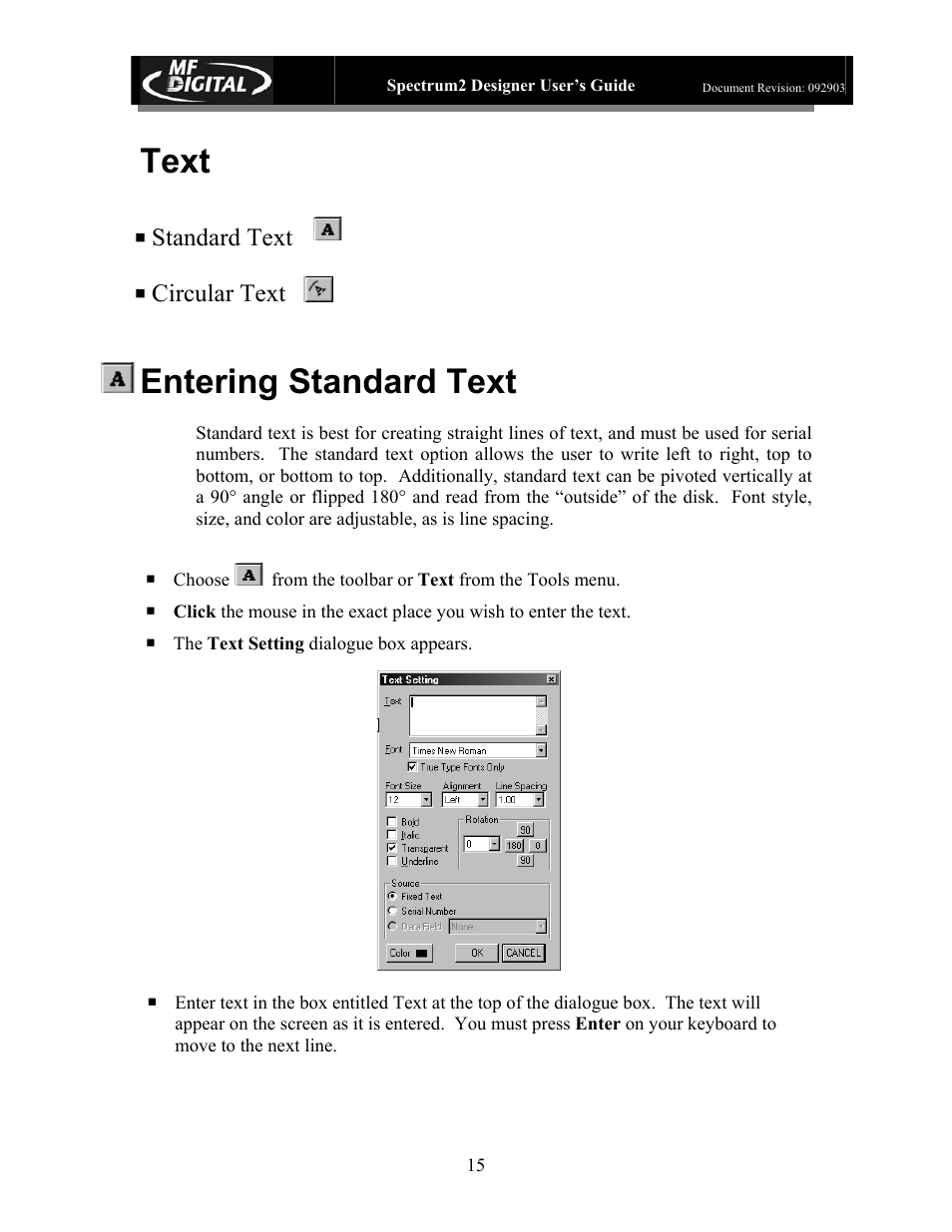 Text, Entering standard text, Standard text | Circular text | MF Digital Spectrum 2 Designer User Manual | Page 16 / 37