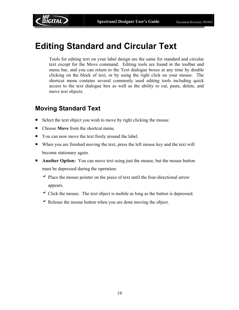 Editing standard and circular text, Moving standard text | MF Digital Spectrum 2 Designer User Manual | Page 20 / 37