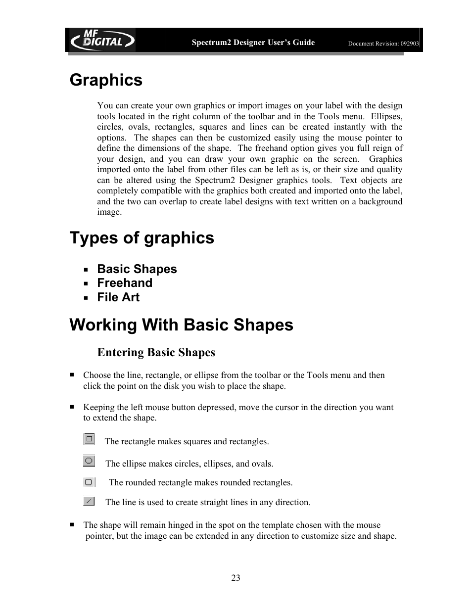 Graphics, Types of graphics, Working with basic shapes | Basic shapes, Freehand, File art, Entering basic shapes | MF Digital Spectrum 2 Designer User Manual | Page 24 / 37