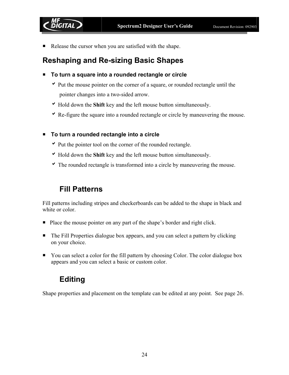 Reshaping and re-sizing basic shapes, Fill patterns, Editing | MF Digital Spectrum 2 Designer User Manual | Page 25 / 37