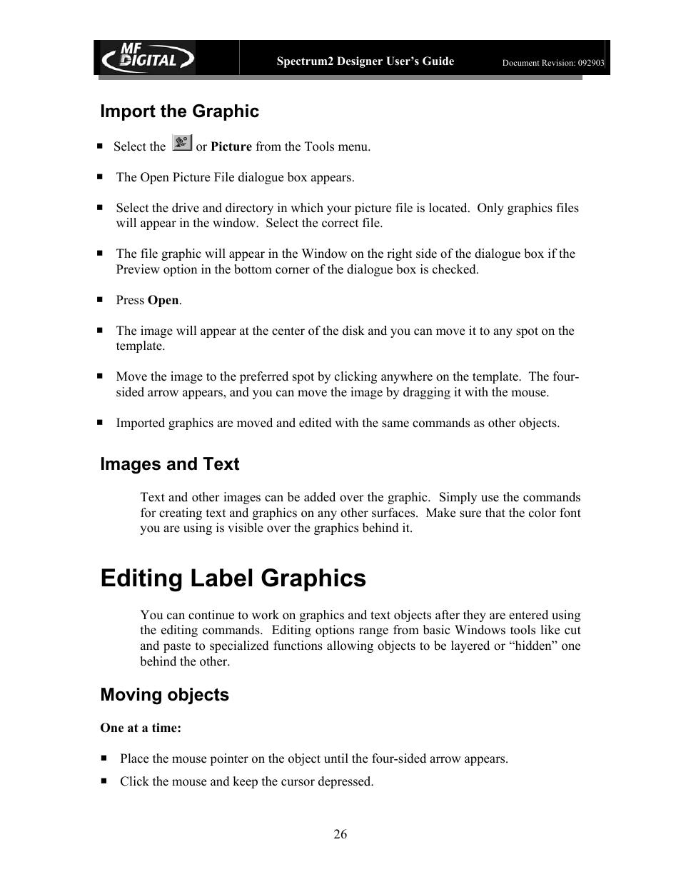 Editing label graphics, Import the graphic, Images and text | Moving objects | MF Digital Spectrum 2 Designer User Manual | Page 27 / 37