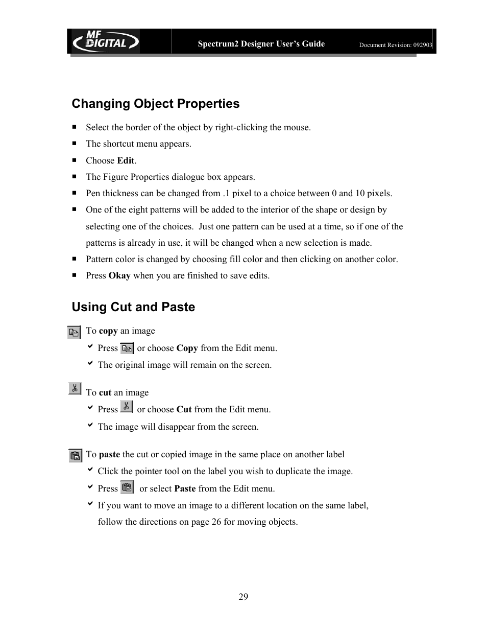 Changing object properties, Using cut and paste | MF Digital Spectrum 2 Designer User Manual | Page 30 / 37