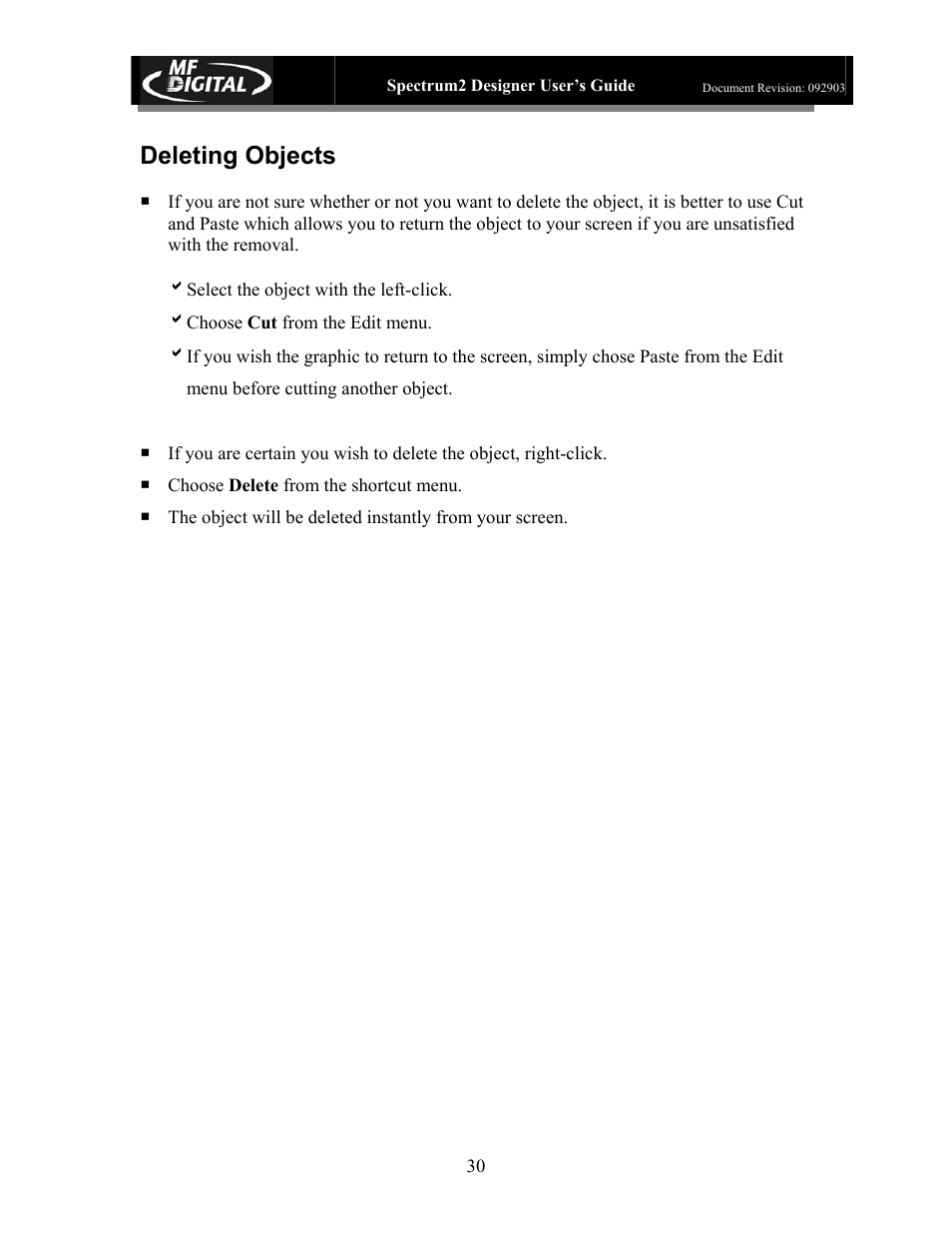 Deleting objects | MF Digital Spectrum 2 Designer User Manual | Page 31 / 37