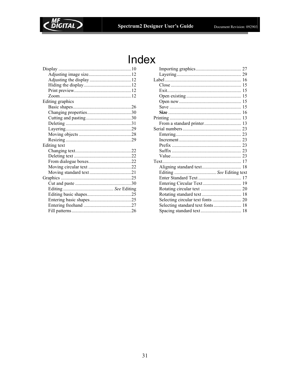 Index | MF Digital Spectrum 2 Designer User Manual | Page 32 / 37
