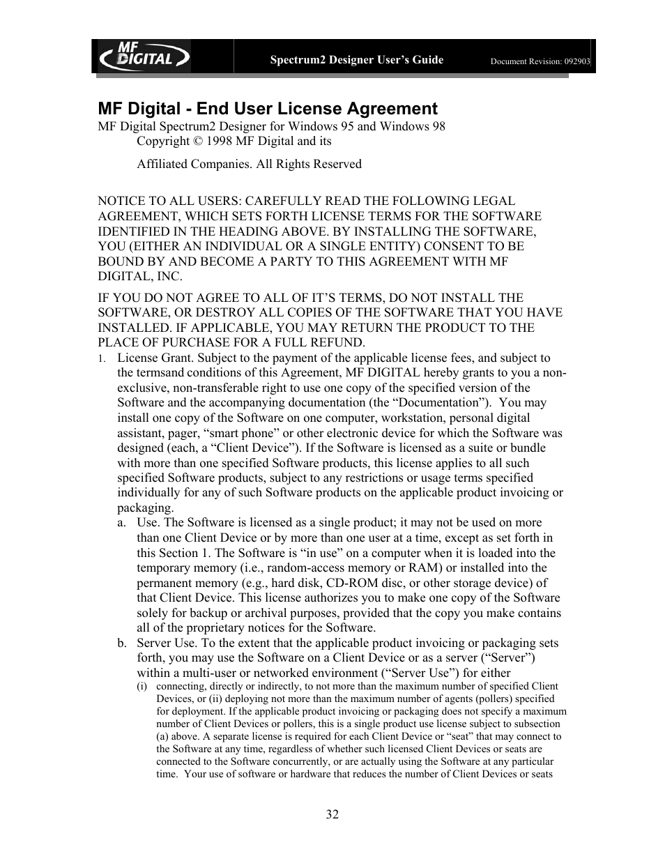 Mf digital - end user license agreement | MF Digital Spectrum 2 Designer User Manual | Page 33 / 37