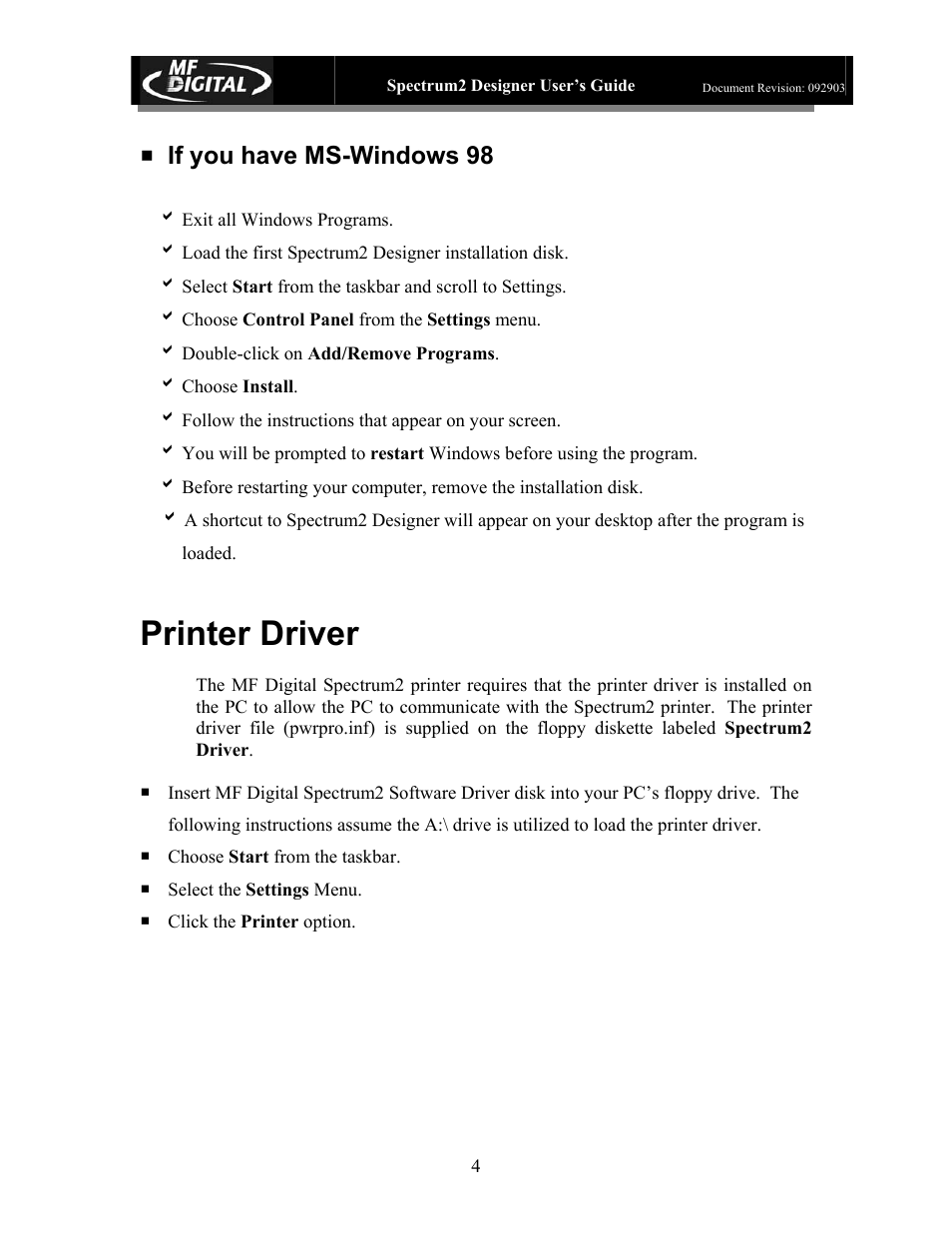 Printer driver, If you have ms-windows 98 | MF Digital Spectrum 2 Designer User Manual | Page 5 / 37