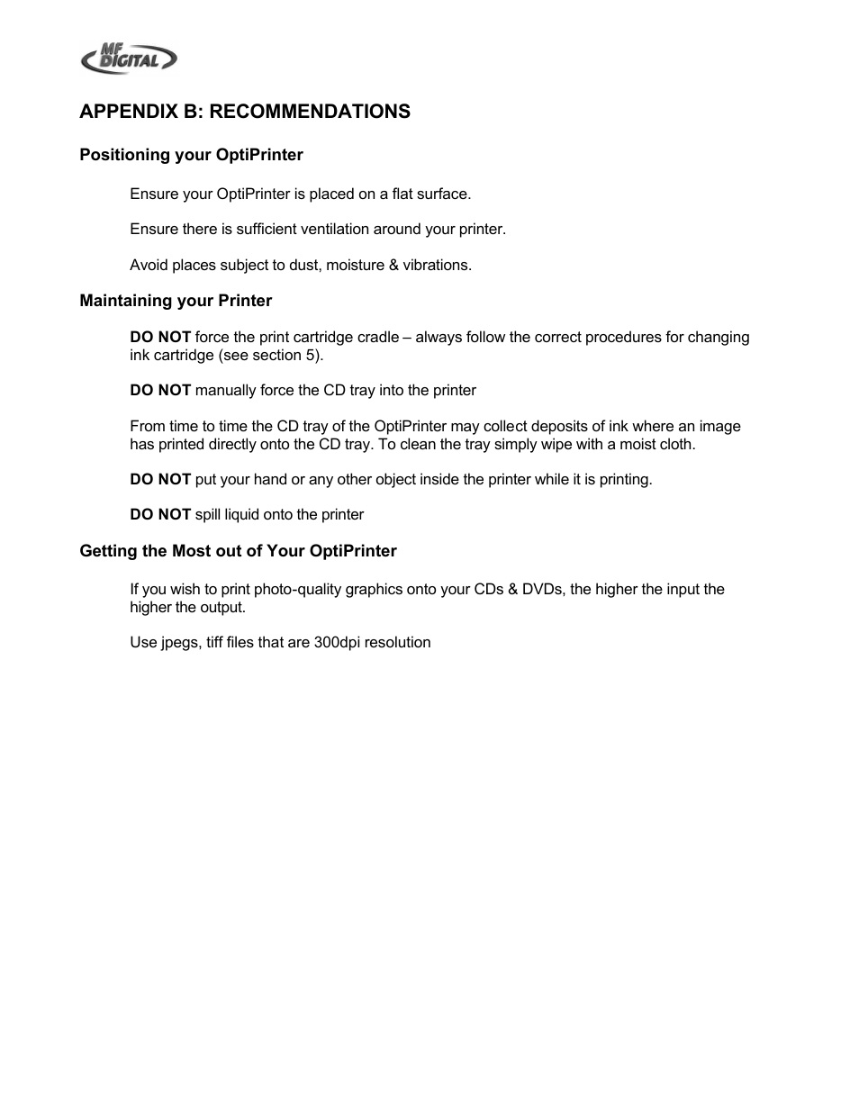 Appendix b: recommendations | MF Digital OptiEC Inkjet Manual User Manual | Page 33 / 34