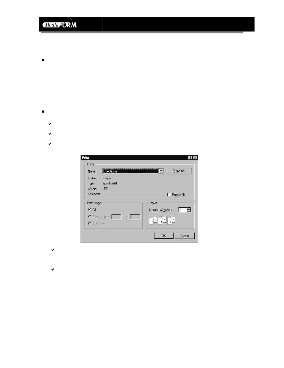 Printing | MF Digital Spectrum Designer Software for Spectrum 2 Thermal Printer (Rev: 03/05/01) User Manual | Page 12 / 37