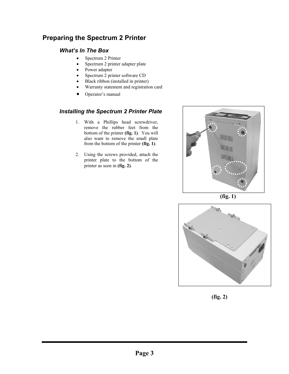 What’s in the box, Installing the spectrum 2 printer plate, Making the connection | Preparing the spectrum 2 printer, Page 3 | MF Digital Spectrum 2 Thermal Installation Guide User Manual | Page 3 / 11