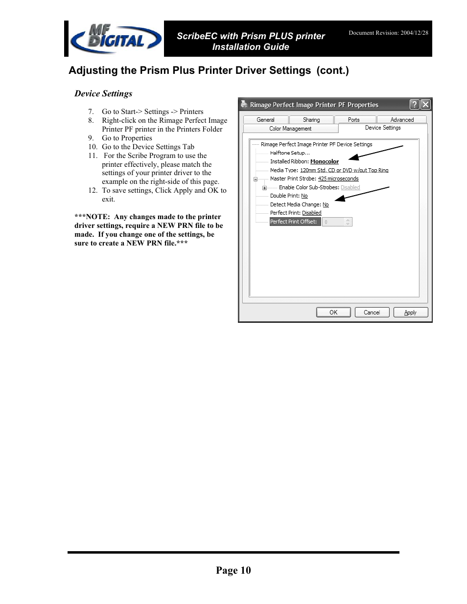 Page 10, Adjusting the prism plus printer driver settings, Cont.) | MF Digital Prism Plus Thermal User Manual | Page 10 / 14