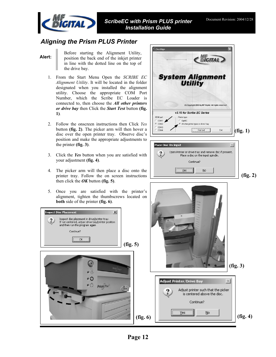 Page 12, Aligning the prism plus printer | MF Digital Prism Plus Thermal User Manual | Page 12 / 14