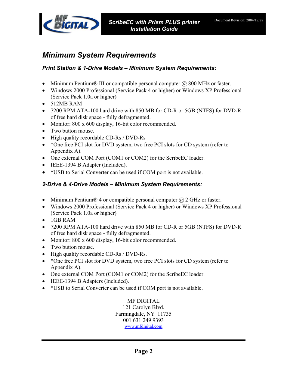 Minimum system requirements, Page 2 | MF Digital Prism Plus Thermal User Manual | Page 2 / 14