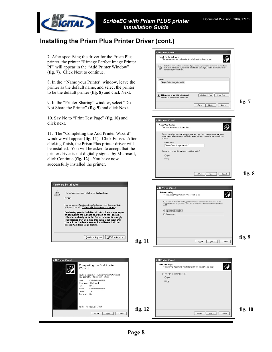 Page 8, Installing the prism plus printer driver (cont.) | MF Digital Prism Plus Thermal User Manual | Page 8 / 14