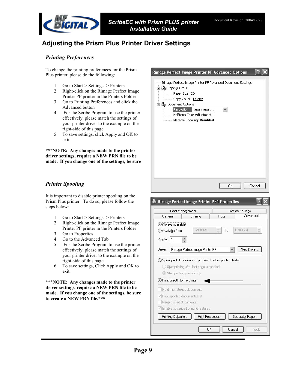 Page 9, Adjusting the prism plus printer driver settings | MF Digital Prism Plus Thermal User Manual | Page 9 / 14