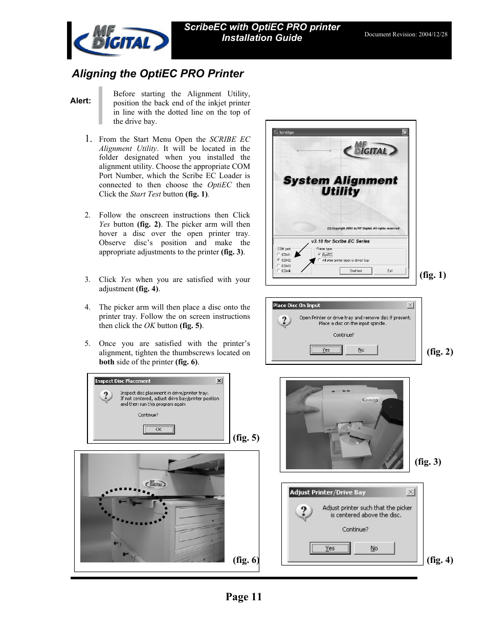 Page 11, Aligning the optiec pro printer | MF Digital OptiEC Pro User Manual | Page 11 / 13
