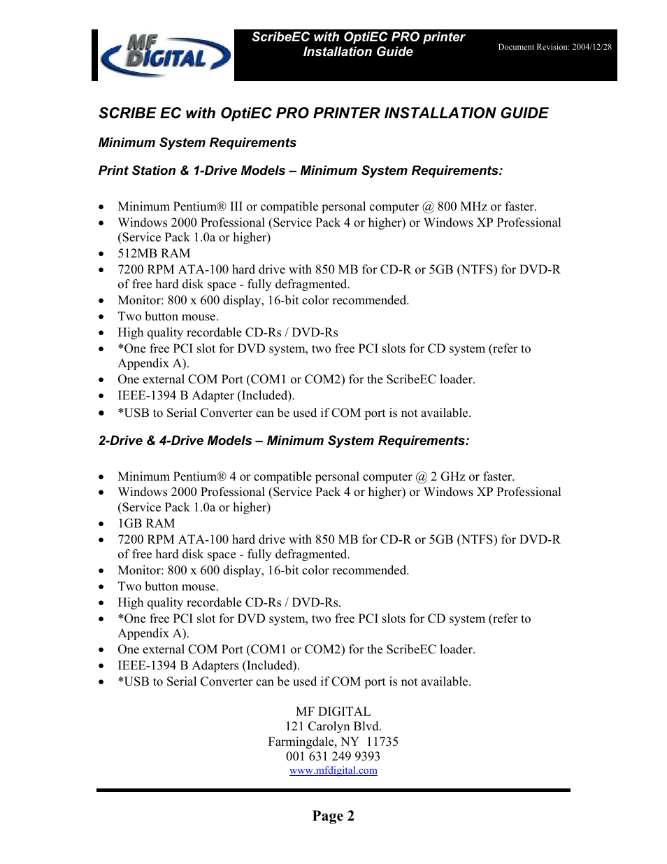 Page 2 | MF Digital OptiEC Pro User Manual | Page 2 / 13