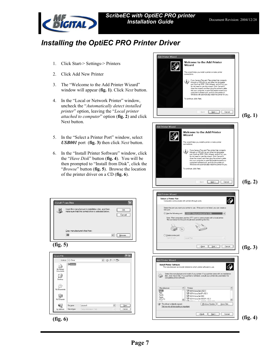 Installing the optiec pro printer driver, Page 7 | MF Digital OptiEC Pro User Manual | Page 7 / 13