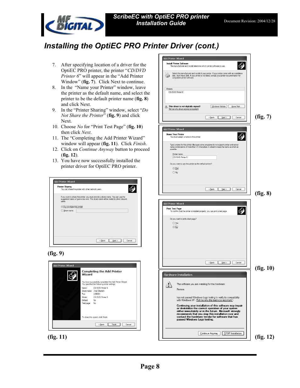Installing the optiec pro printer driver (cont.), Page 8 | MF Digital OptiEC Pro User Manual | Page 8 / 13