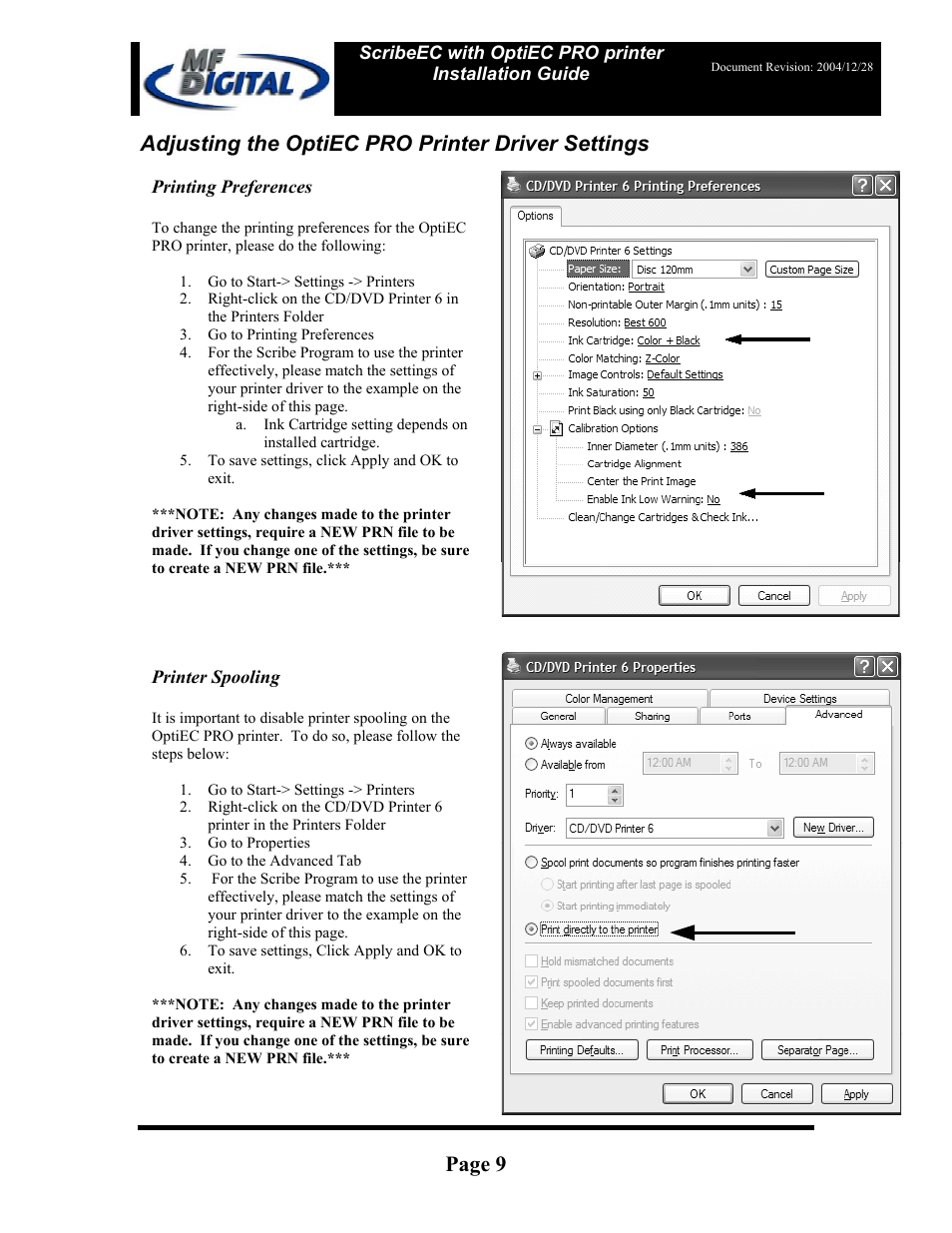 Page 9, Adjusting the optiec pro printer driver settings | MF Digital OptiEC Pro User Manual | Page 9 / 13