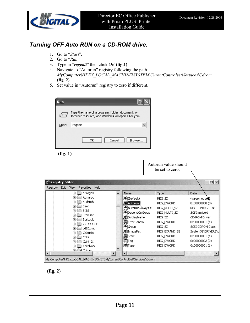 Page 11, Turning off auto run on a cd-rom drive | MF Digital Rimage Prism Plus Thermal User Manual | Page 11 / 15