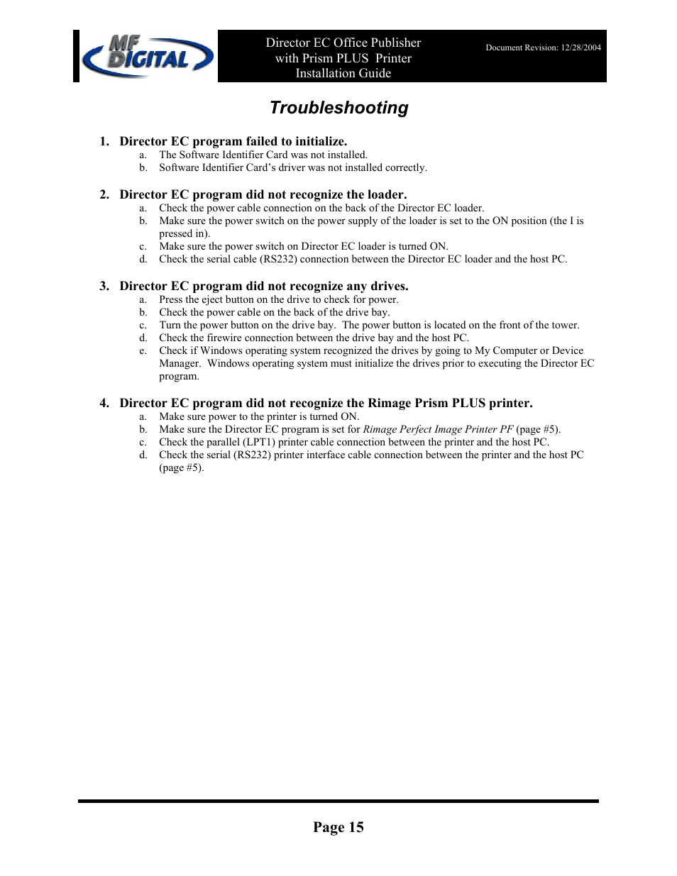 Troubleshooting, Page 15 | MF Digital Rimage Prism Plus Thermal User Manual | Page 15 / 15