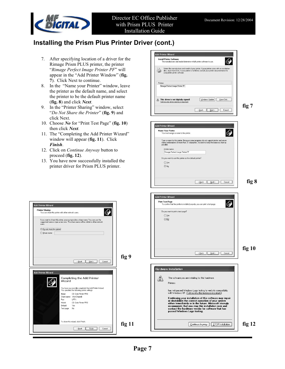 Page 7, Installing the prism plus printer driver (cont.) | MF Digital Rimage Prism Plus Thermal User Manual | Page 7 / 15