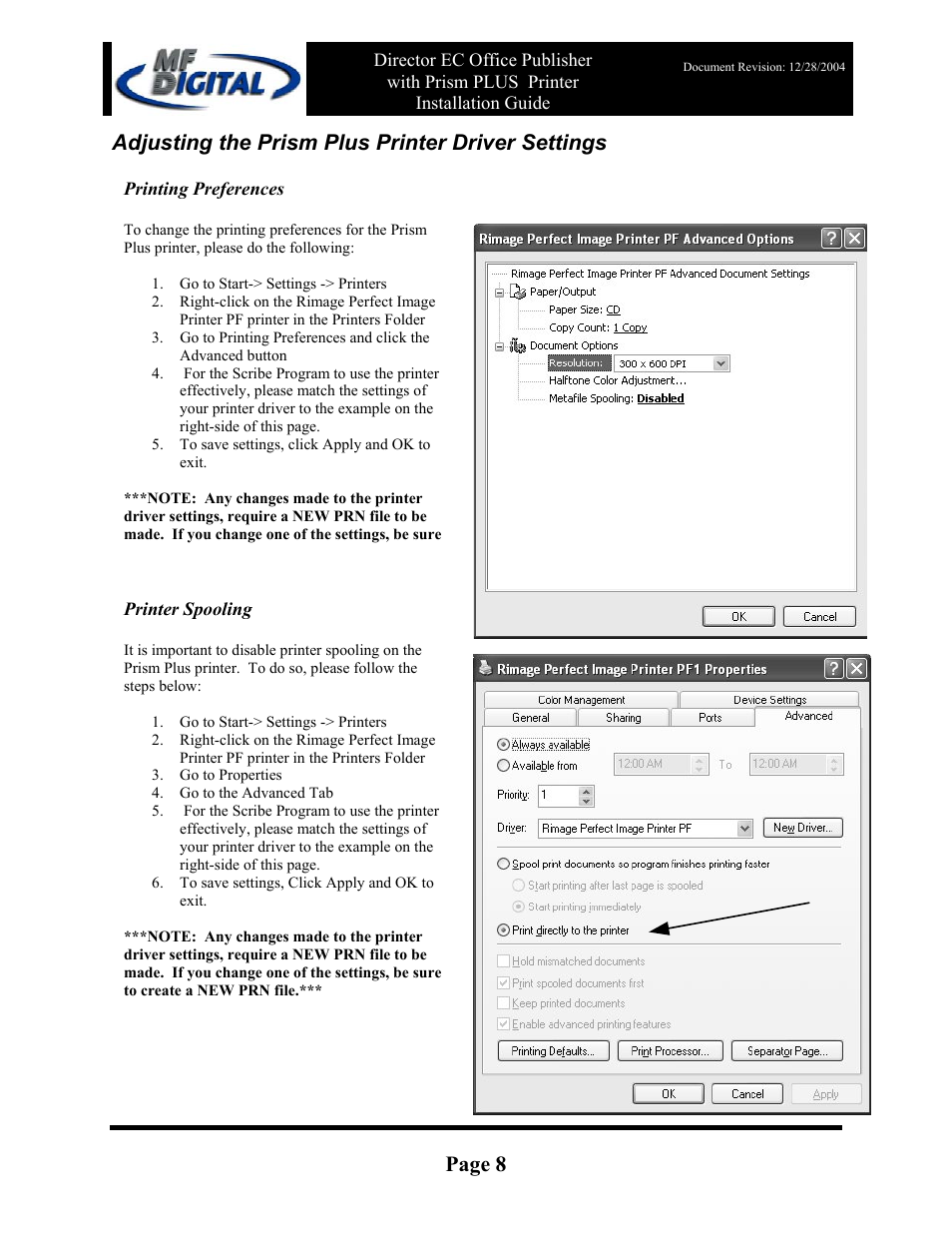 Page 8, Adjusting the prism plus printer driver settings | MF Digital Rimage Prism Plus Thermal User Manual | Page 8 / 15