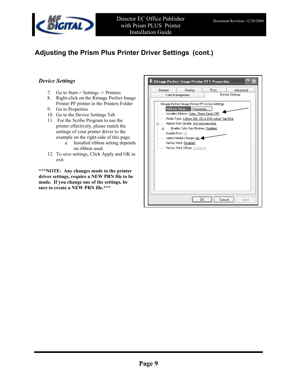 Page 9, Adjusting the prism plus printer driver settings, Cont.) | MF Digital Rimage Prism Plus Thermal User Manual | Page 9 / 15