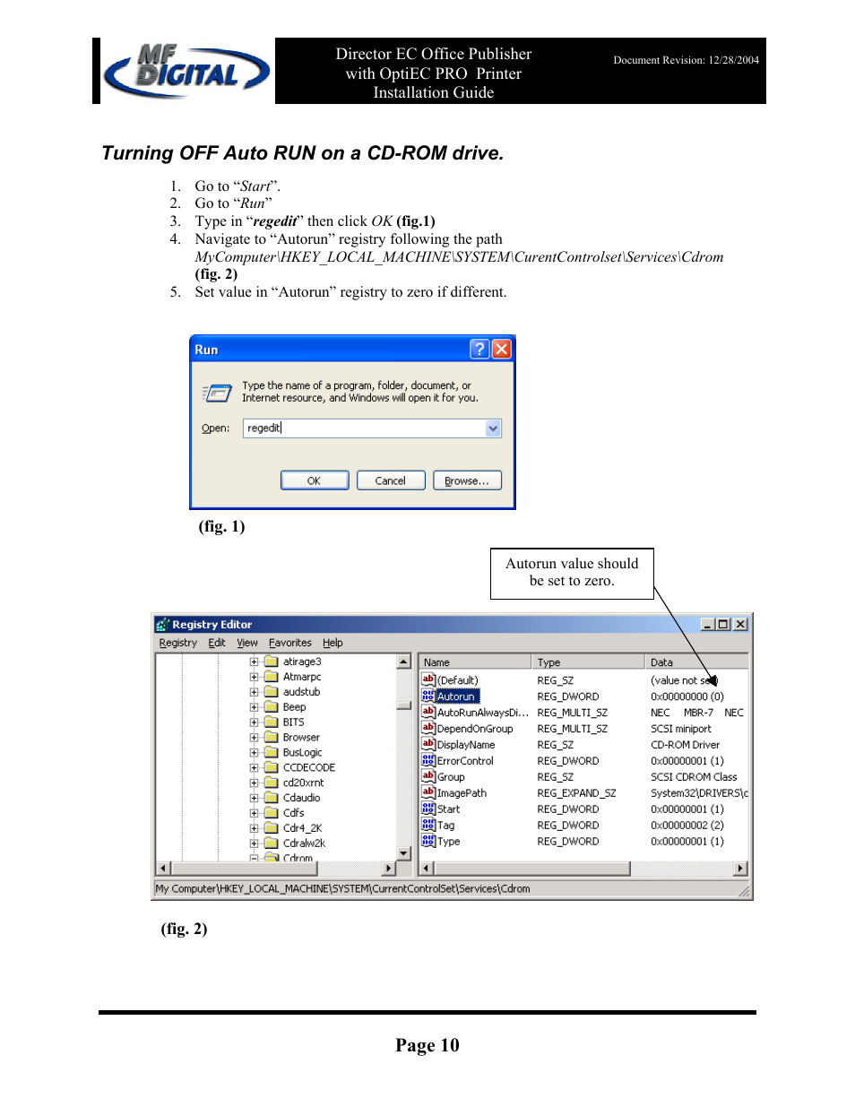 Page 10, Turning off auto run on a cd-rom drive | MF Digital DirectorEC OP OptiEC PRO User Manual | Page 10 / 14